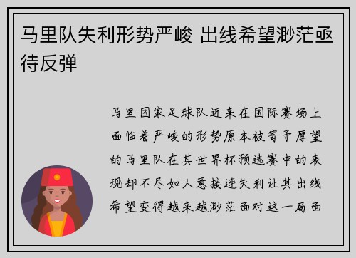 马里队失利形势严峻 出线希望渺茫亟待反弹