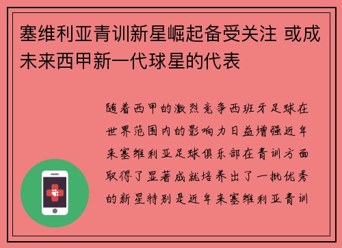 塞维利亚青训新星崛起备受关注 或成未来西甲新一代球星的代表